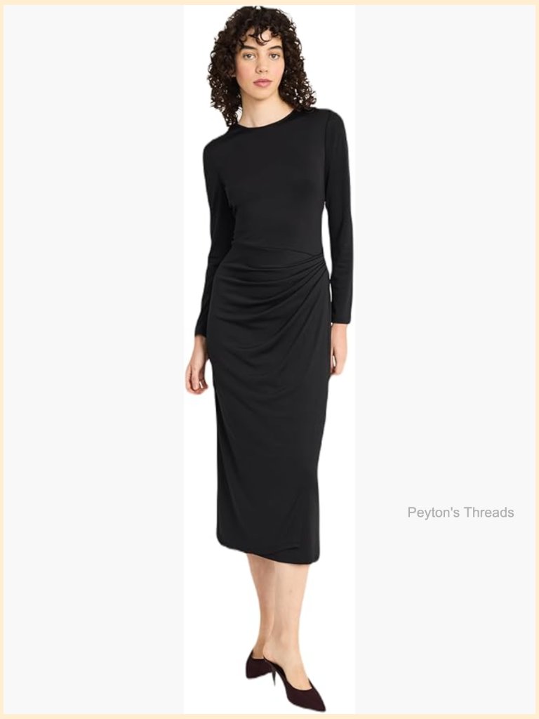 Long Sleeve Midi Dress - Elegant Draped Silhouette With Keyhole Back - Formal